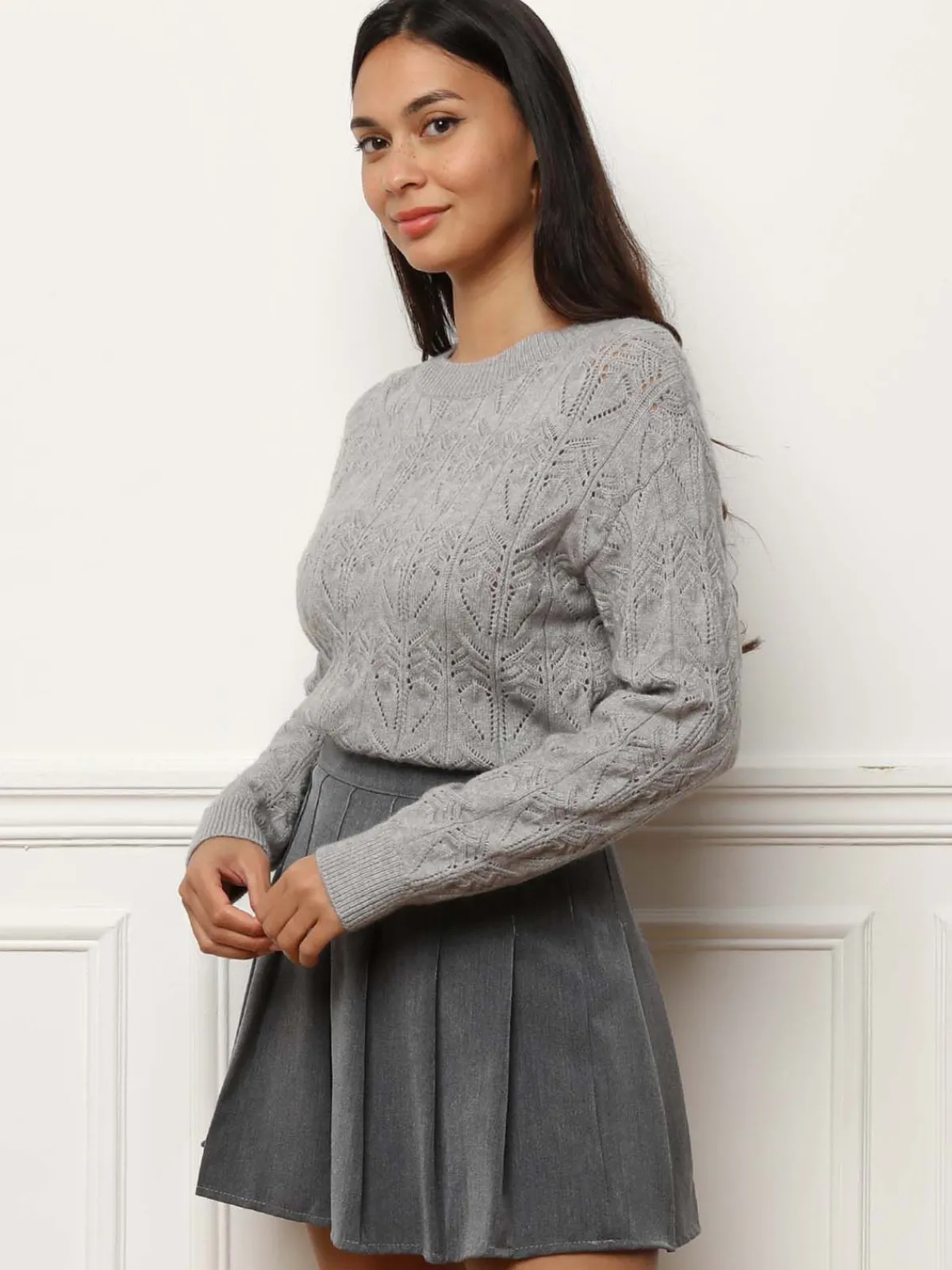New La Modeuse Pull droit en maille ajourée Gris