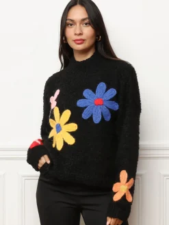 Clearance La Modeuse Pull duveteux à fleurs brodées colorées Noir