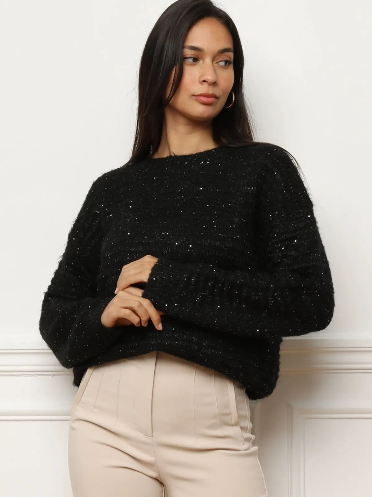 New La Modeuse Pull duveteux à sequins Noir