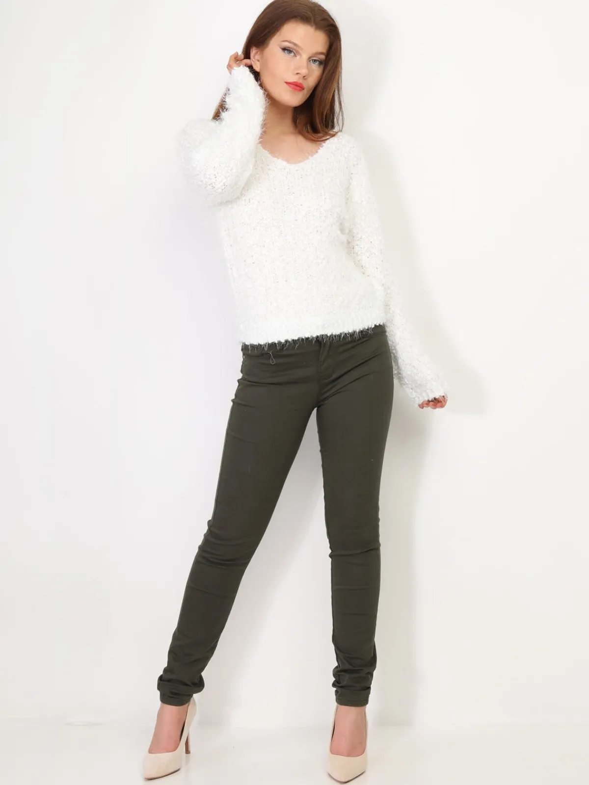 Hot La Modeuse Pull duveteux avec fils brillants Blanc