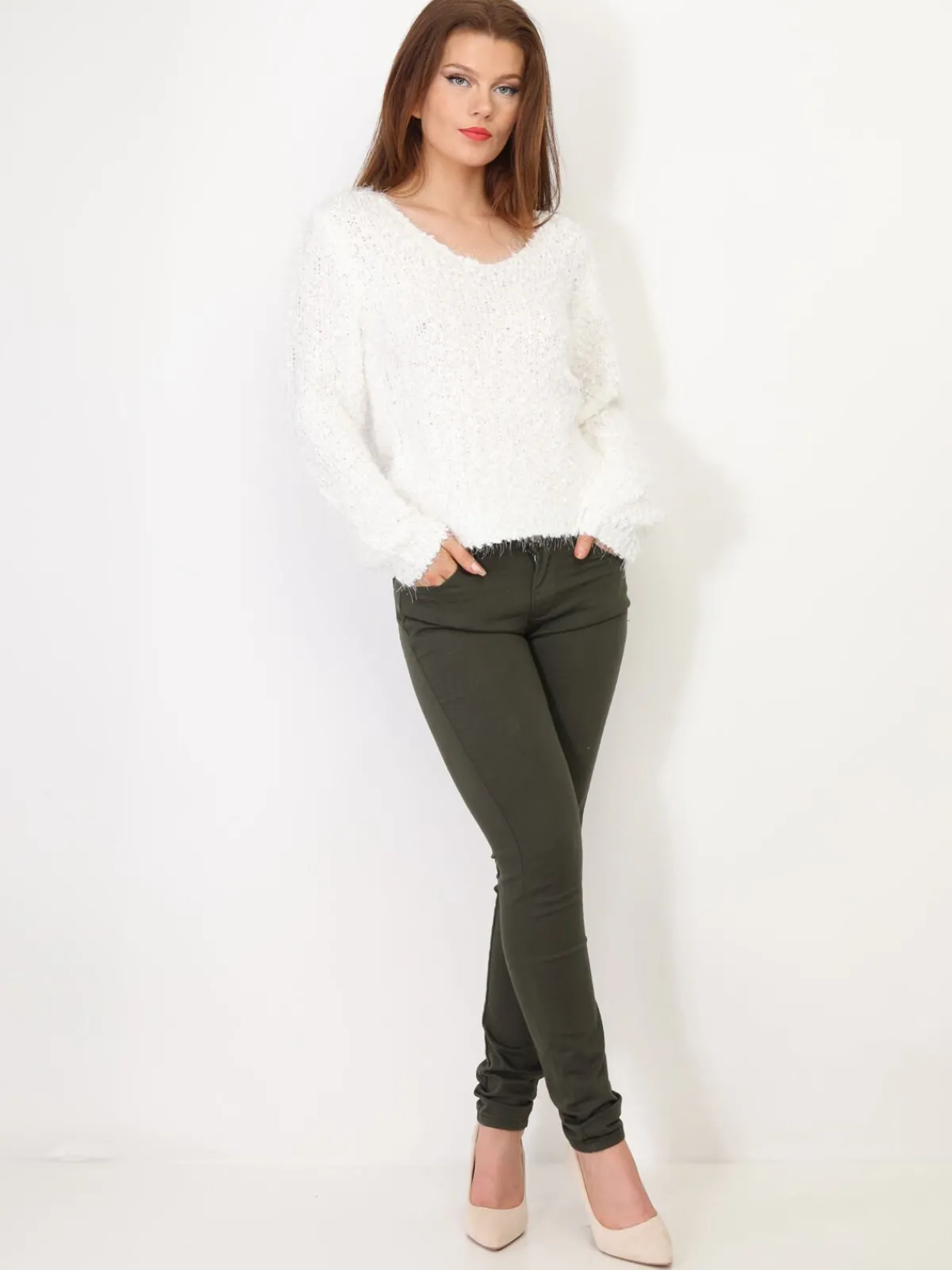 Hot La Modeuse Pull duveteux avec fils brillants Blanc