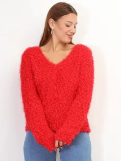New La Modeuse Pull duveteux avec fils brillants Rouge