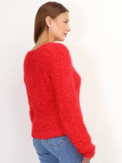 New La Modeuse Pull duveteux avec fils brillants Rouge