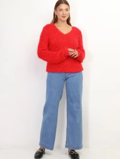 New La Modeuse Pull duveteux avec fils brillants Rouge