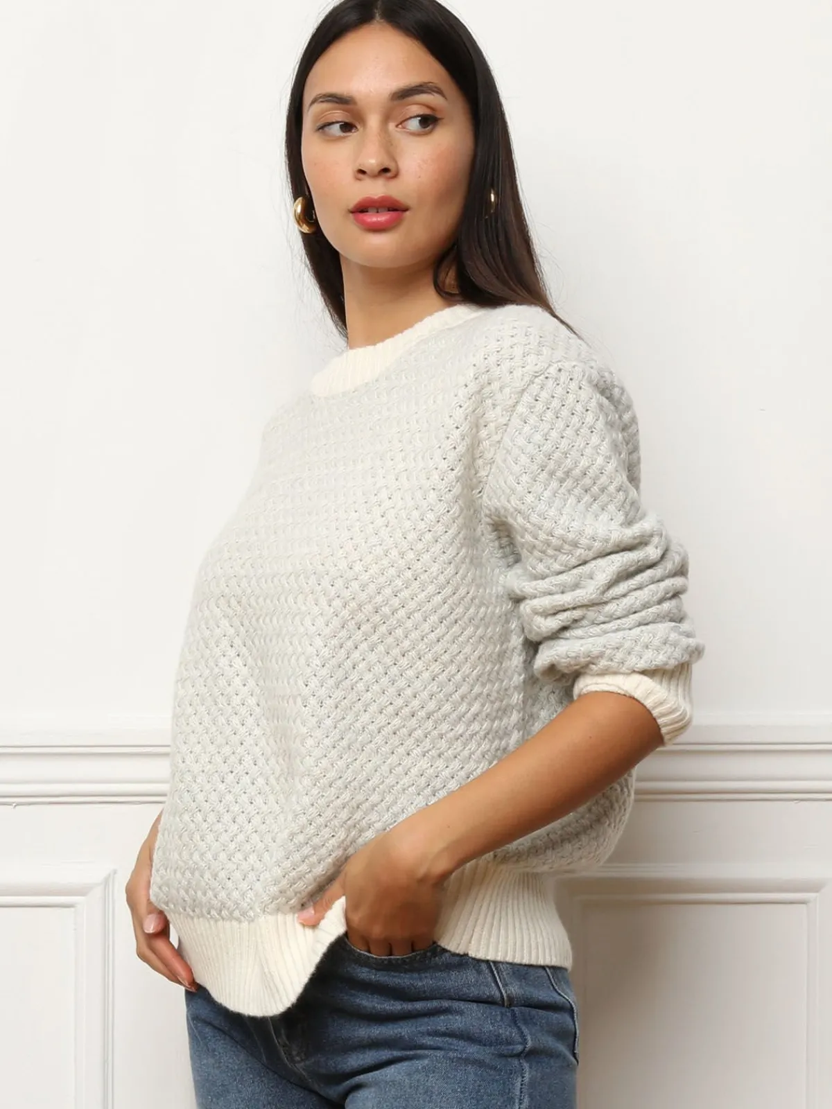 New La Modeuse Pull en crochet tressé avec fils dorés Grisclair