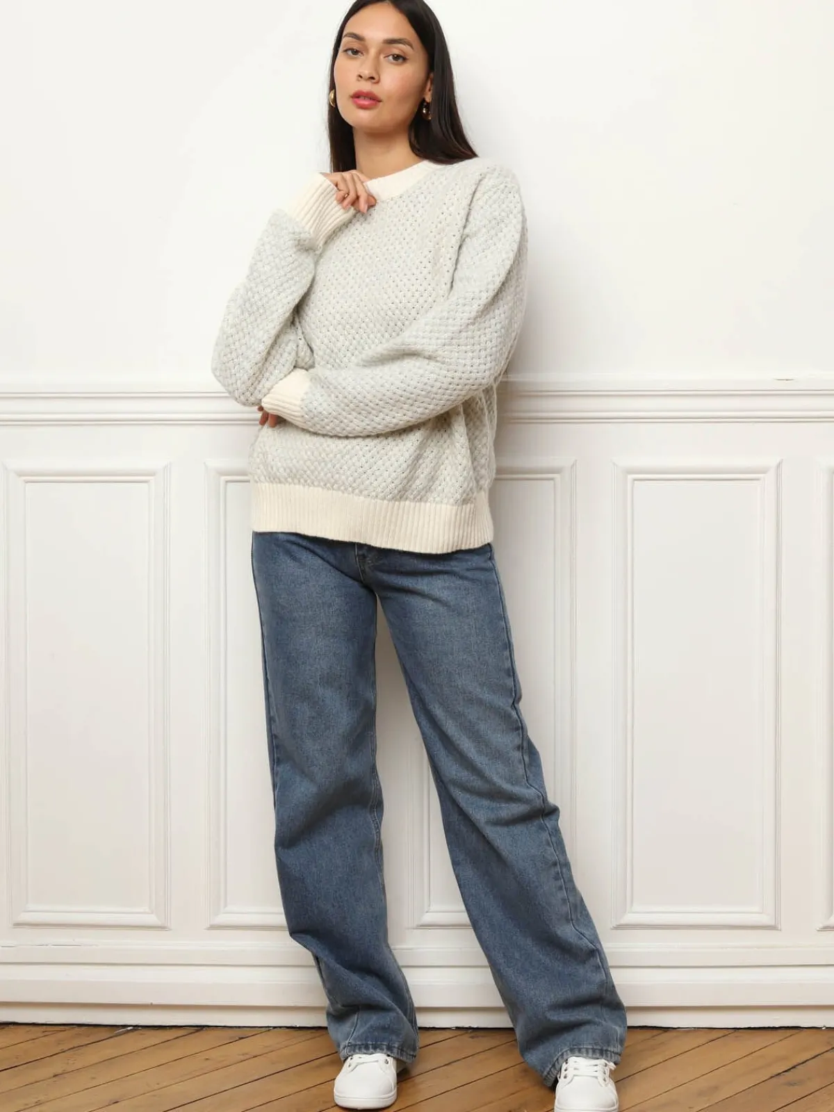 New La Modeuse Pull en crochet tressé avec fils dorés Grisclair