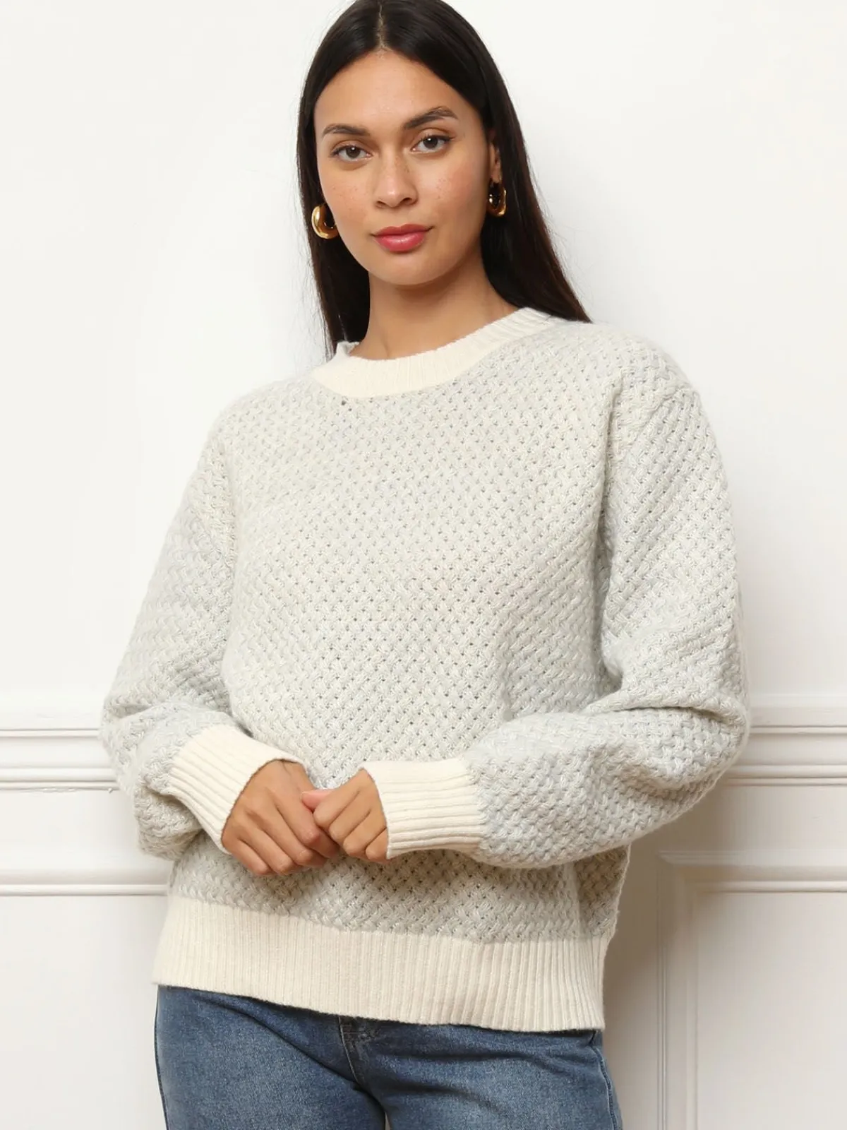 New La Modeuse Pull en crochet tressé avec fils dorés Grisclair