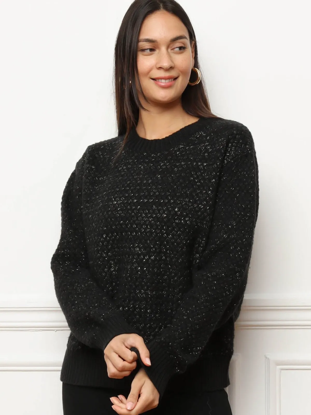 Best La Modeuse Pull en crochet tressé avec fils dorés Noir