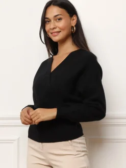 Outlet La Modeuse Pull en maille à col cache coeur Noir