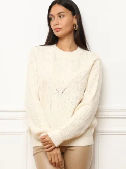 Hot La Modeuse Pull en maille ajourée à motifs Ecru