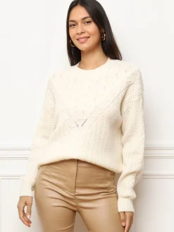 Hot La Modeuse Pull en maille ajourée à motifs Ecru