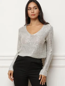 Clearance La Modeuse Pull en maille ajourée à sequins Beige