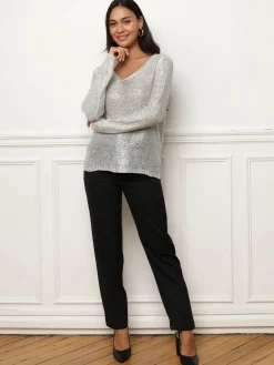 Clearance La Modeuse Pull en maille ajourée à sequins Beige