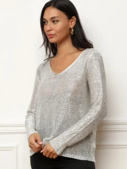 Clearance La Modeuse Pull en maille ajourée à sequins Beige