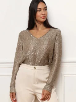 La Modeuse Pull en maille ajourée à sequins Doré