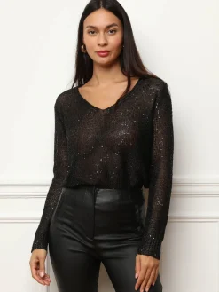 La Modeuse Pull en maille ajourée à sequins Noir