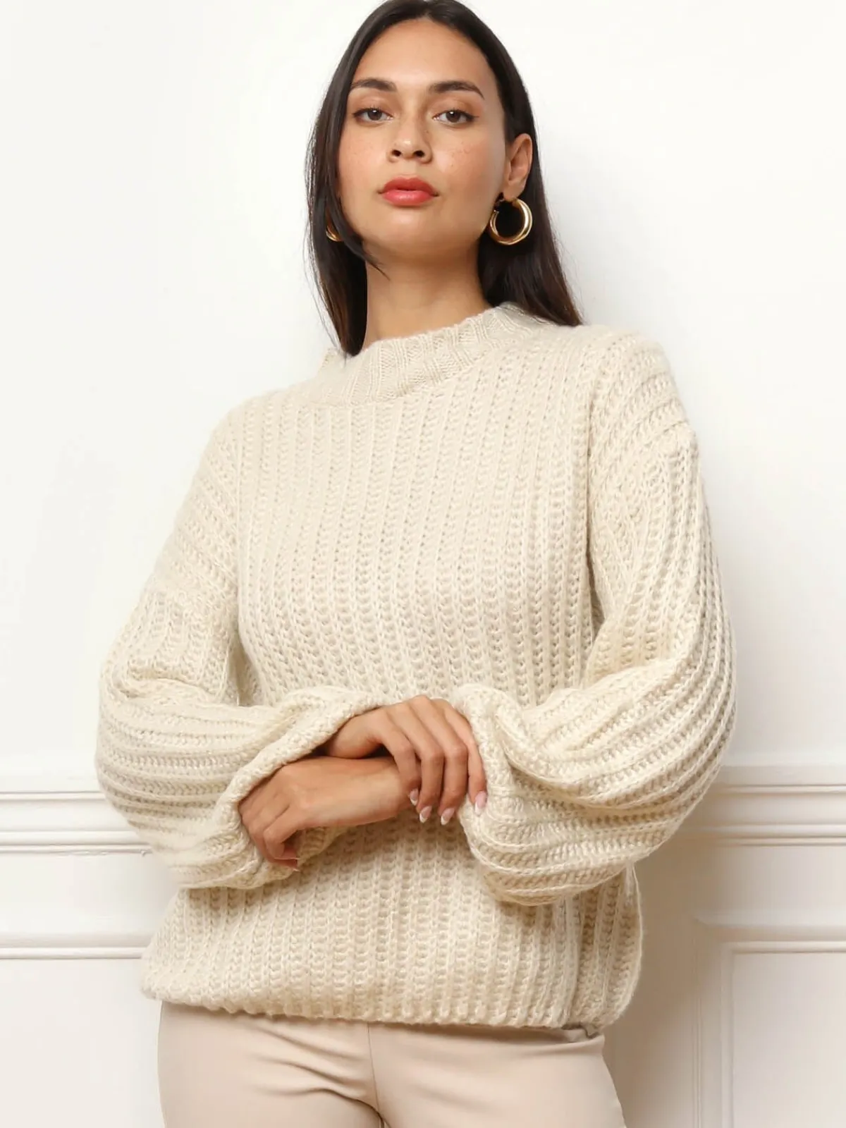 Hot La Modeuse Pull en maille côtelée Beige