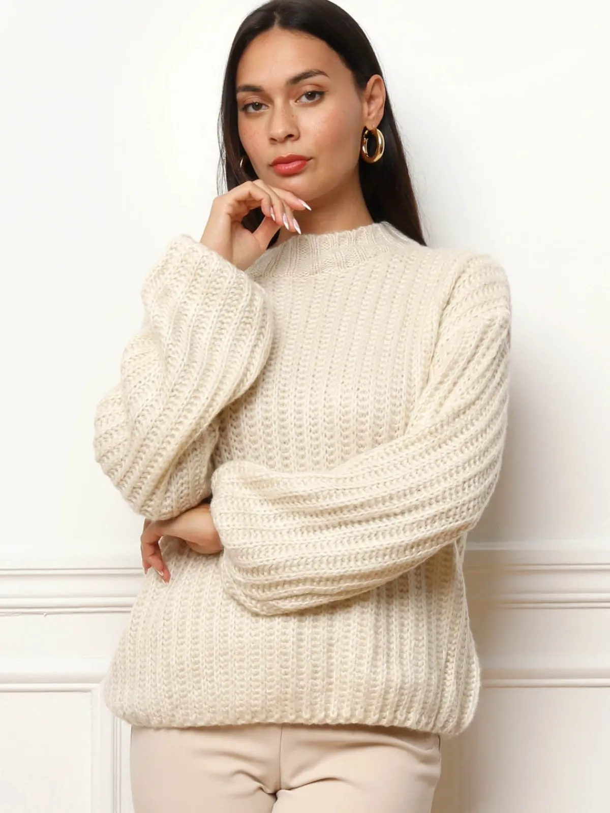 Hot La Modeuse Pull en maille côtelée Beige