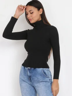 Clearance La Modeuse Pull en maille côtelée à col roulé Noir