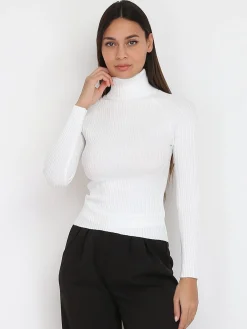 Hot La Modeuse Pull en maille côtelée à col roulé Blanc