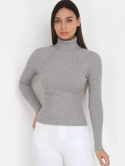 La Modeuse Pull en maille côtelée à col roulé Gris