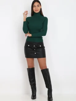 New La Modeuse Pull en maille côtelée à col roulé Vertfoncé