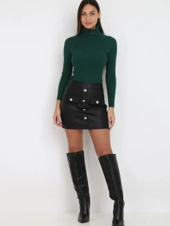 New La Modeuse Pull en maille côtelée à col roulé Vertfoncé
