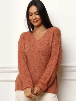 Clearance La Modeuse Pull en maille côtelée avec fils dorés Terracotta