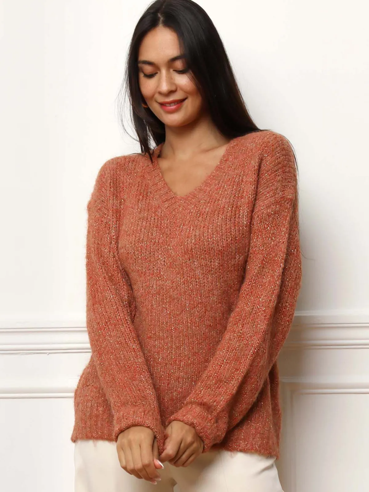Clearance La Modeuse Pull en maille côtelée avec fils dorés Terracotta