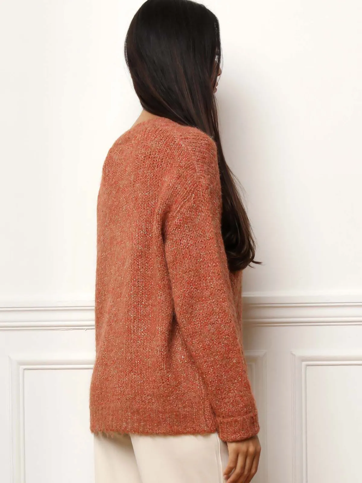 Clearance La Modeuse Pull en maille côtelée avec fils dorés Terracotta
