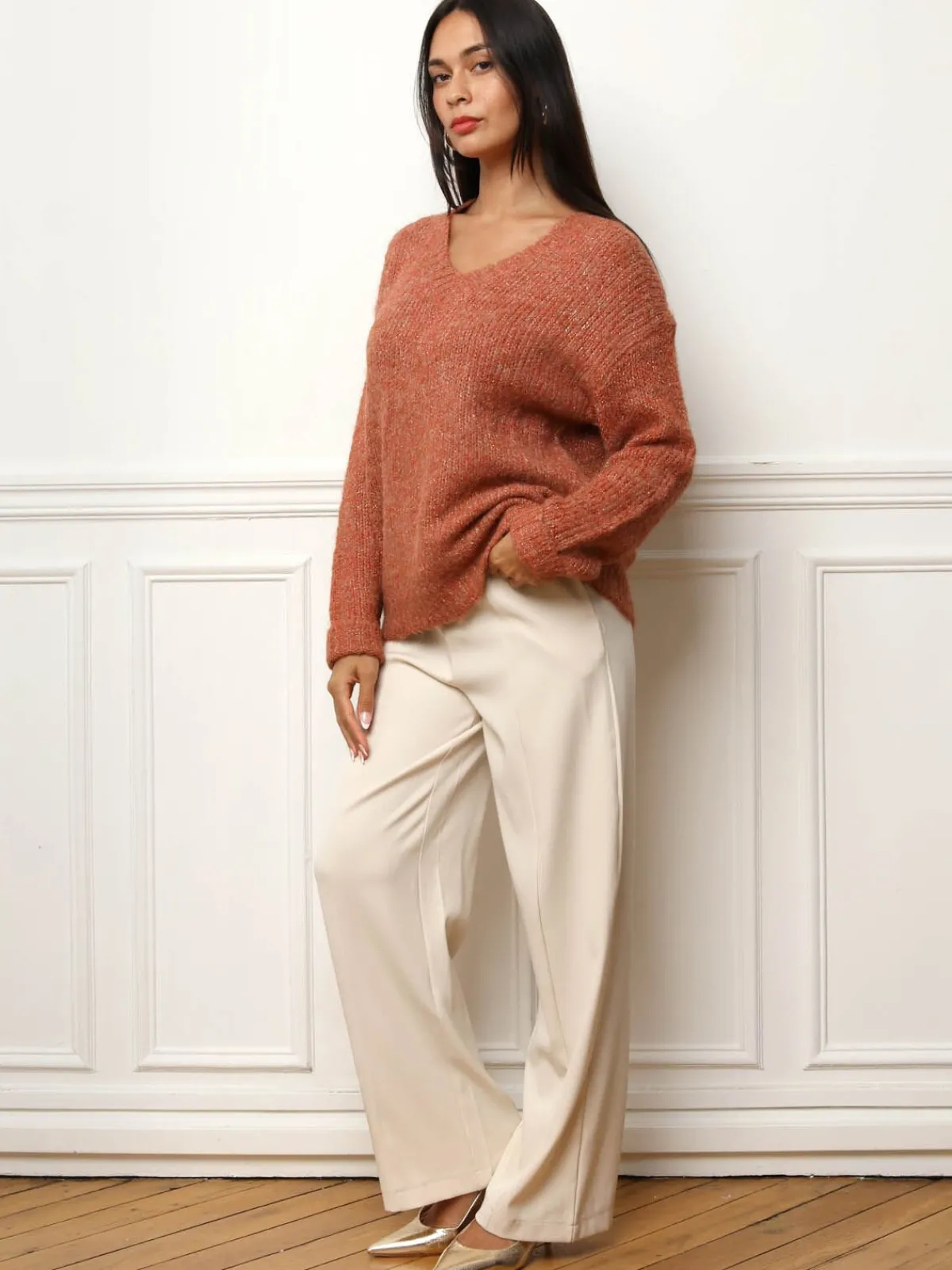 Clearance La Modeuse Pull en maille côtelée avec fils dorés Terracotta