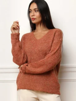 Clearance La Modeuse Pull en maille côtelée avec fils dorés Terracotta