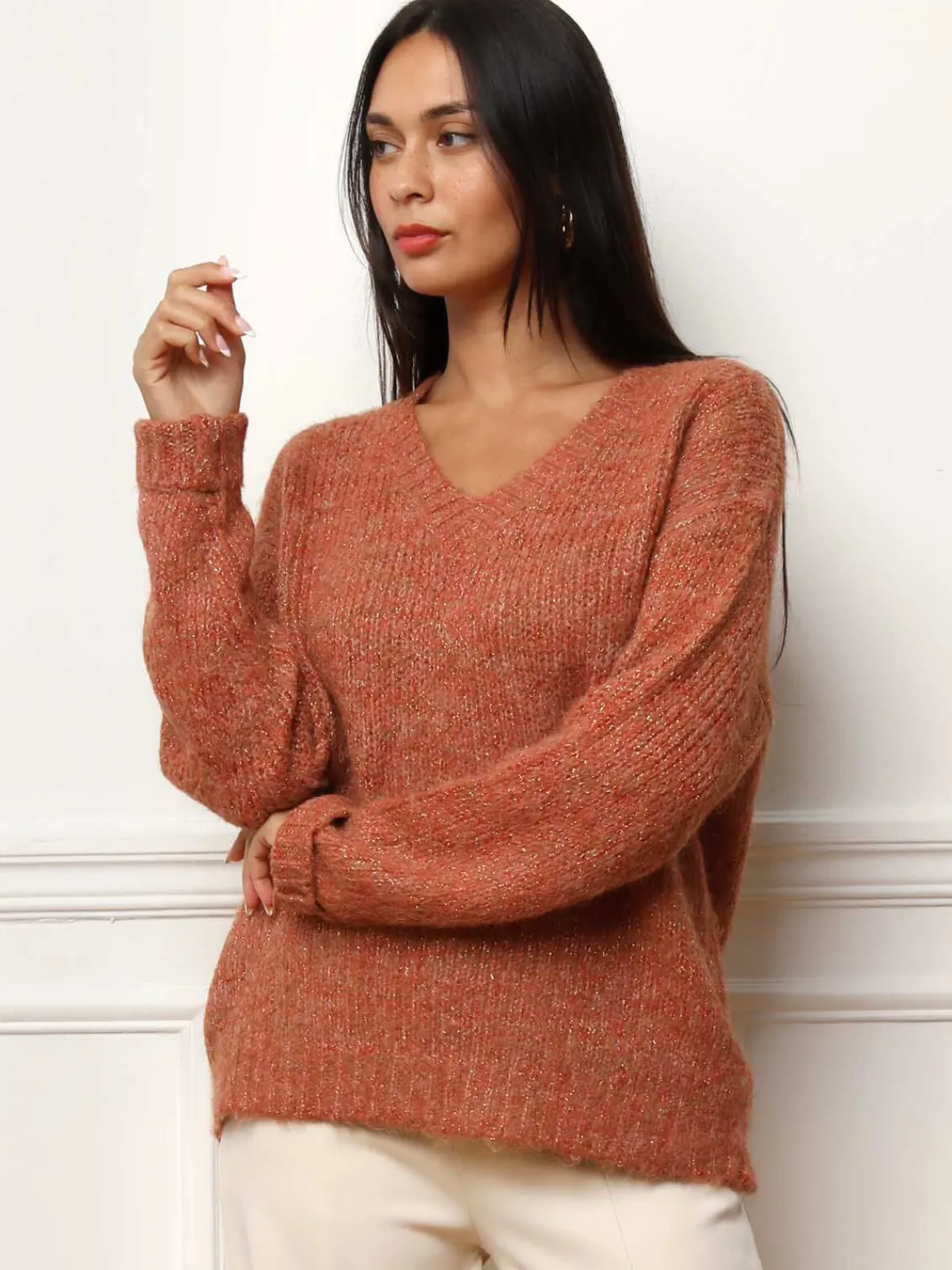 Clearance La Modeuse Pull en maille côtelée avec fils dorés Terracotta