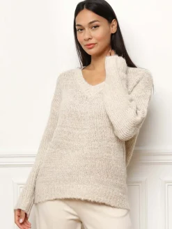 Sale La Modeuse Pull en maille côtelée avec fils dorés Beige