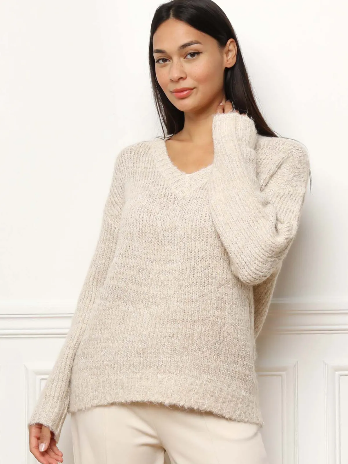 Sale La Modeuse Pull en maille côtelée avec fils dorés Beige