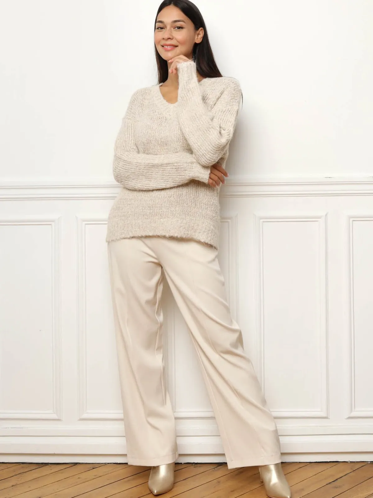 Sale La Modeuse Pull en maille côtelée avec fils dorés Beige