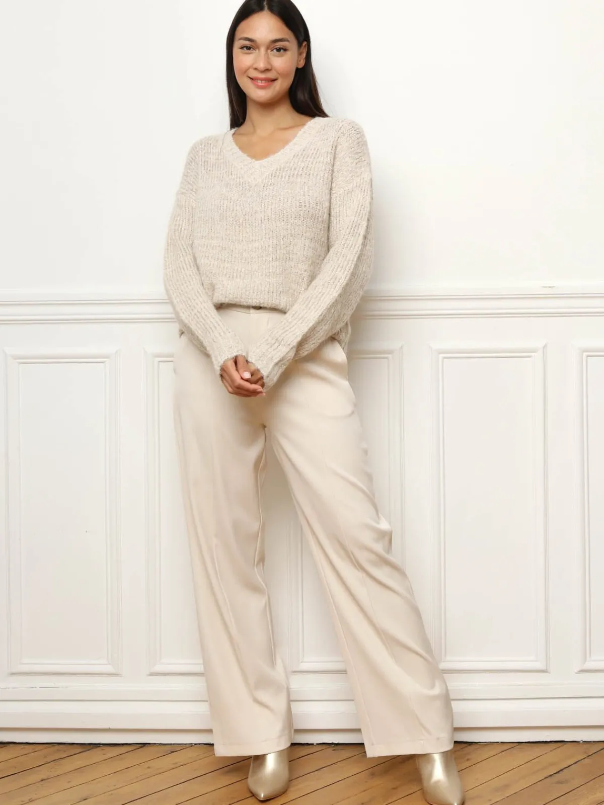 Sale La Modeuse Pull en maille côtelée avec fils dorés Beige
