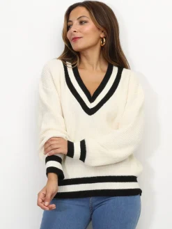 La Modeuse Pull en maille rayé à col V Blanc