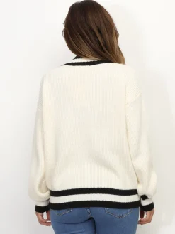 La Modeuse Pull en maille rayé à col V Blanc