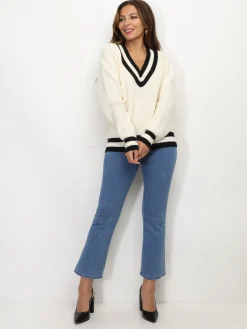 La Modeuse Pull en maille rayé à col V Blanc