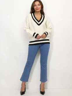 La Modeuse Pull en maille rayé à col V Blanc
