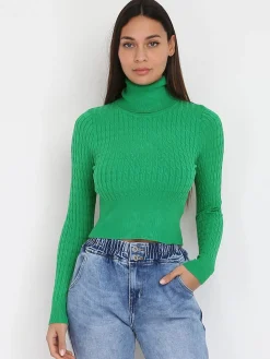 Discount La Modeuse Pull en maille torsadée et col roulé Vert