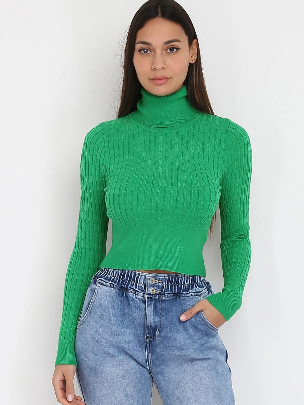 Discount La Modeuse Pull en maille torsadée et col roulé Vert