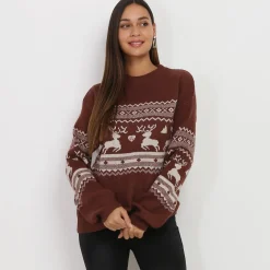 La Modeuse Pull jacquard de Noël Marron