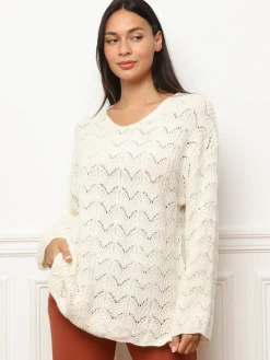 Clearance La Modeuse Pull long en crochet à manches évasées Beige