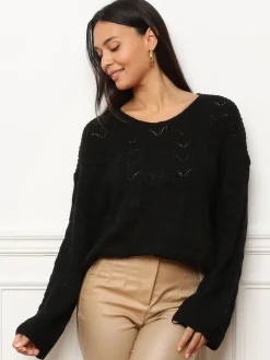 Clearance La Modeuse Pull long en crochet à manches évasées Noir