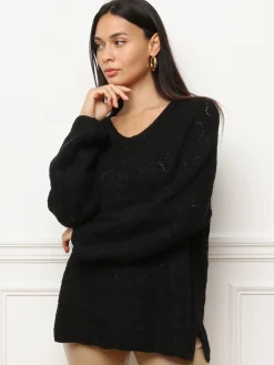 Clearance La Modeuse Pull long en crochet à manches évasées Noir
