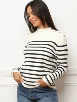 Outlet La Modeuse Pull marinière à boutons officiers Blanc