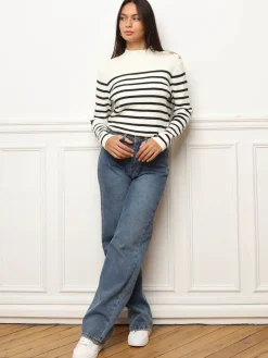 Outlet La Modeuse Pull marinière à boutons officiers Blanc