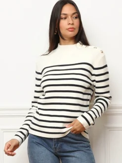 Outlet La Modeuse Pull marinière à boutons officiers Blanc